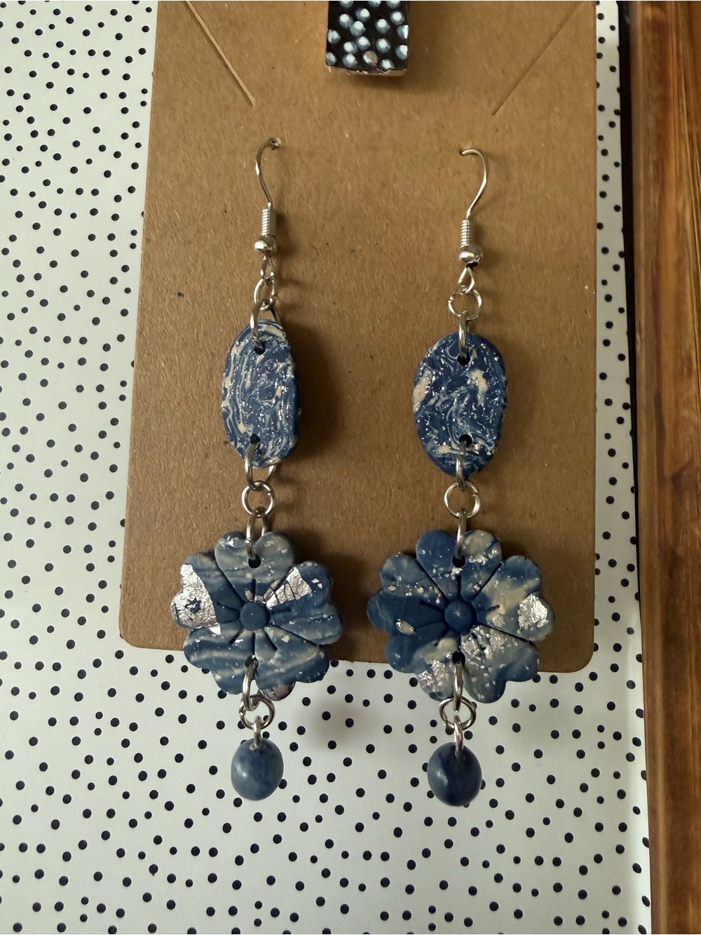 Blue Floral Drop Earrings Flower Dangle Lightweight Boho Jean Marble